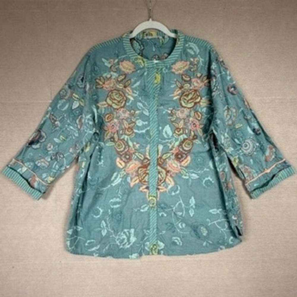 Soft Surroundings Sage Green Floral Embroidered Cotton Blouse Top 2X